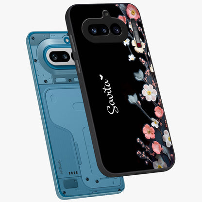 Black Elegance Floral Custom Name Glass Case displayed in angled mockup highlighting dark floral aesthetic and custom name feature.