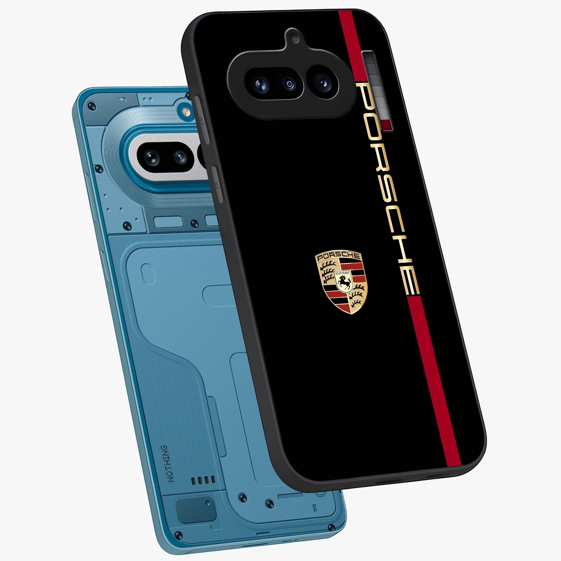 Black Minimal Porsche Glass Case displayed in angled mockup highlighting modern minimal car illustration and clean aesthetic design.