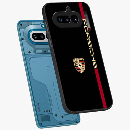 Black Minimal Porsche Glass Case displayed in angled mockup highlighting modern minimal car illustration and clean aesthetic design.
