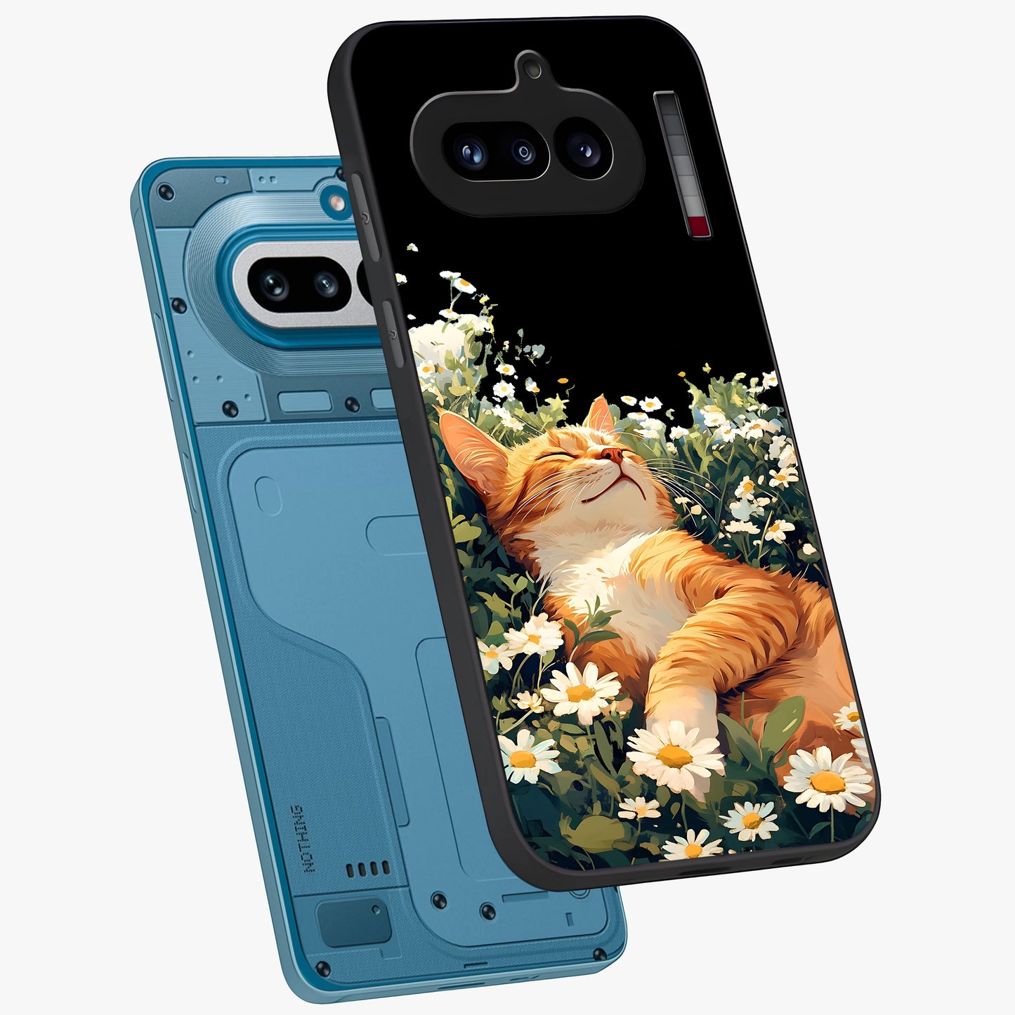 Blissful Bloom Cat Glass Case displayed in angled mockup highlighting playful feline illustration with soft floral aesthetic.