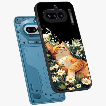 Blissful Bloom Cat Glass Case displayed in angled mockup highlighting playful feline illustration with soft floral aesthetic.