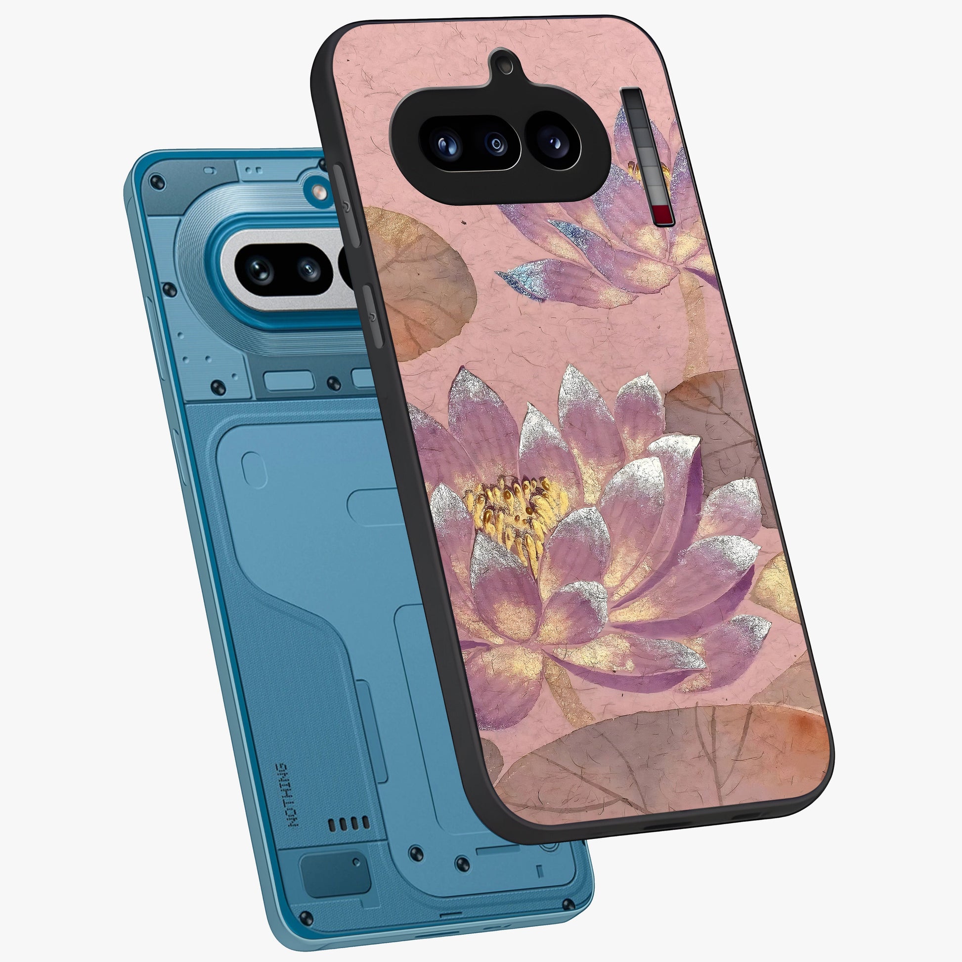 Blossom Mist Lotus Glass Case displayed in angled mockup highlighting delicate lotus illustration with calm aesthetic theme.