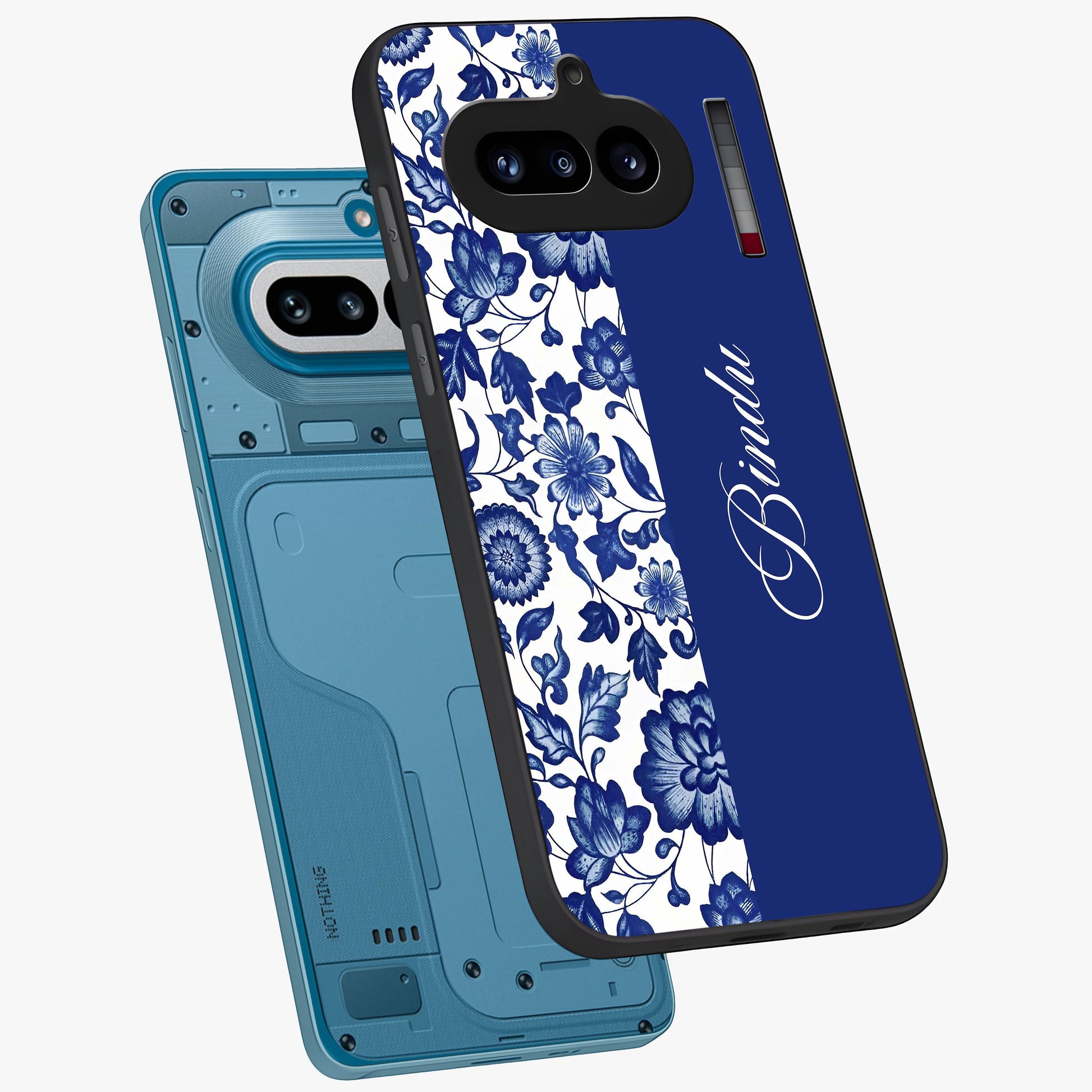 Blue Vintage Floral Pattern Glass Case displayed in angled mockup highlighting subtle bloom pattern with aesthetic pastel design.