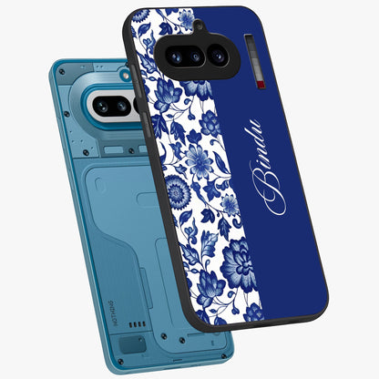 Blue Vintage Floral Pattern Glass Case displayed in angled mockup highlighting subtle bloom pattern with aesthetic pastel design.