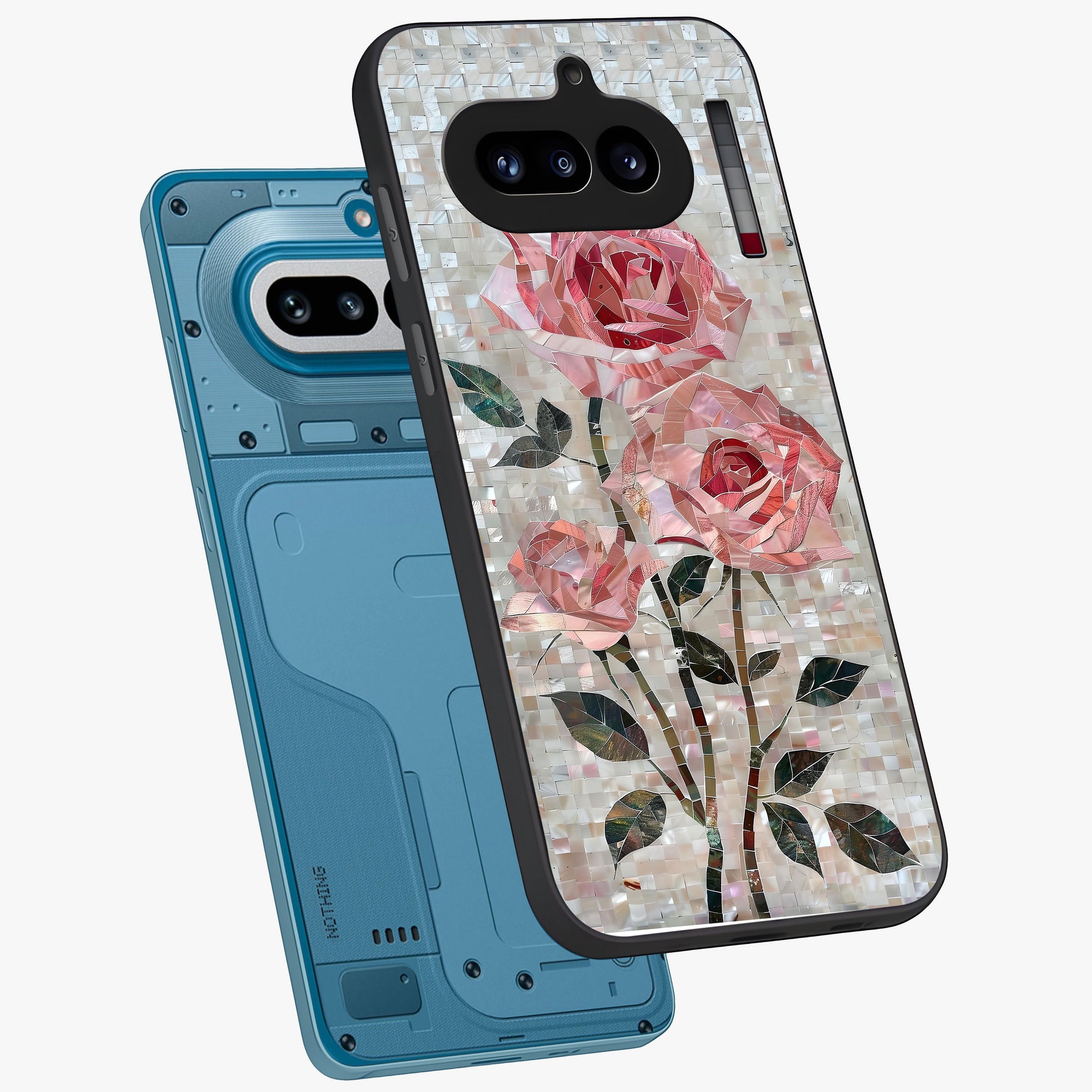 Blush Mosaic Bloom Glass Case displayed in angled mockup highlighting artistic mosaic flower pattern with aesthetic design.