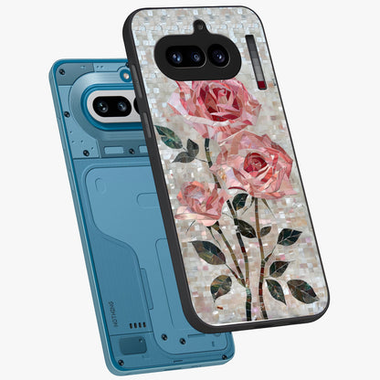 Blush Mosaic Bloom Glass Case displayed in angled mockup highlighting artistic mosaic flower pattern with aesthetic design.