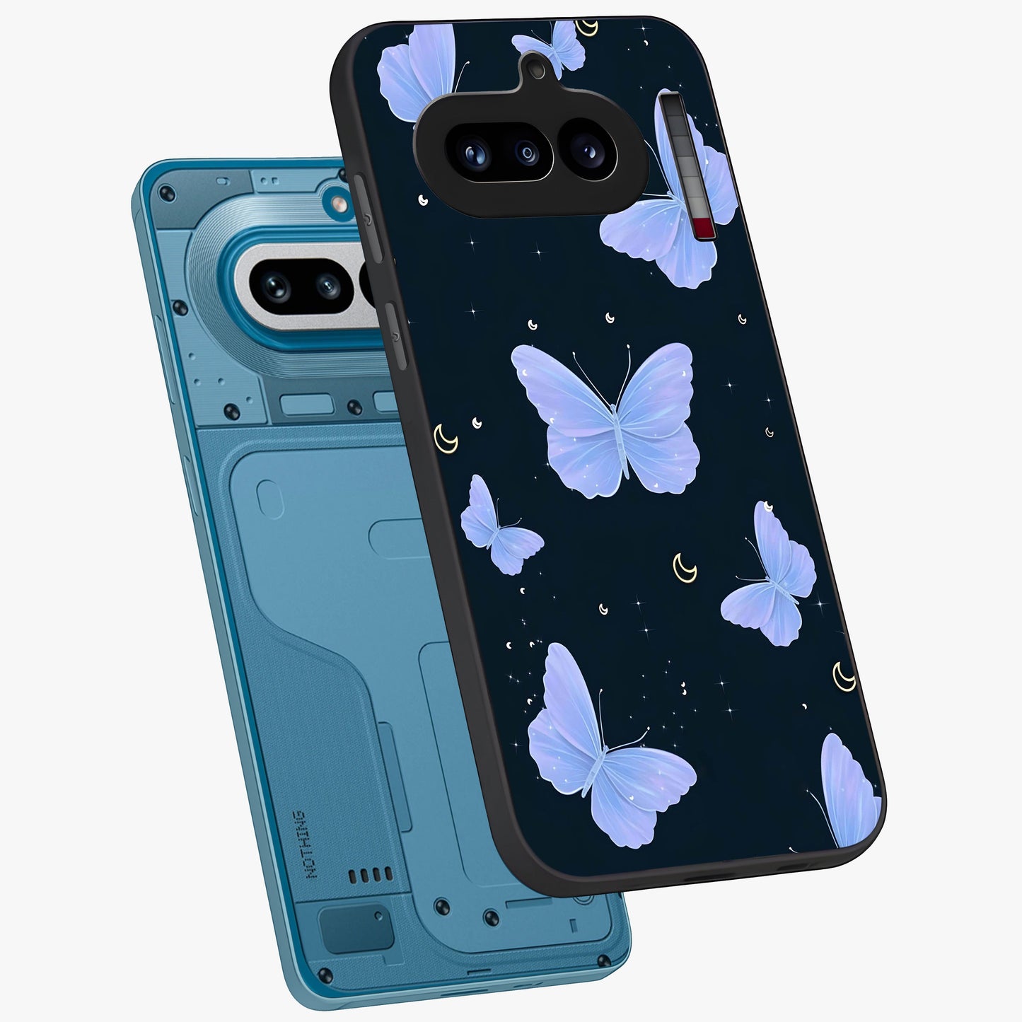 Butterfly With Stars Pattern Glass Case displayed in angled mockup highlighting dreamy butterfly and star design with aesthetic theme.