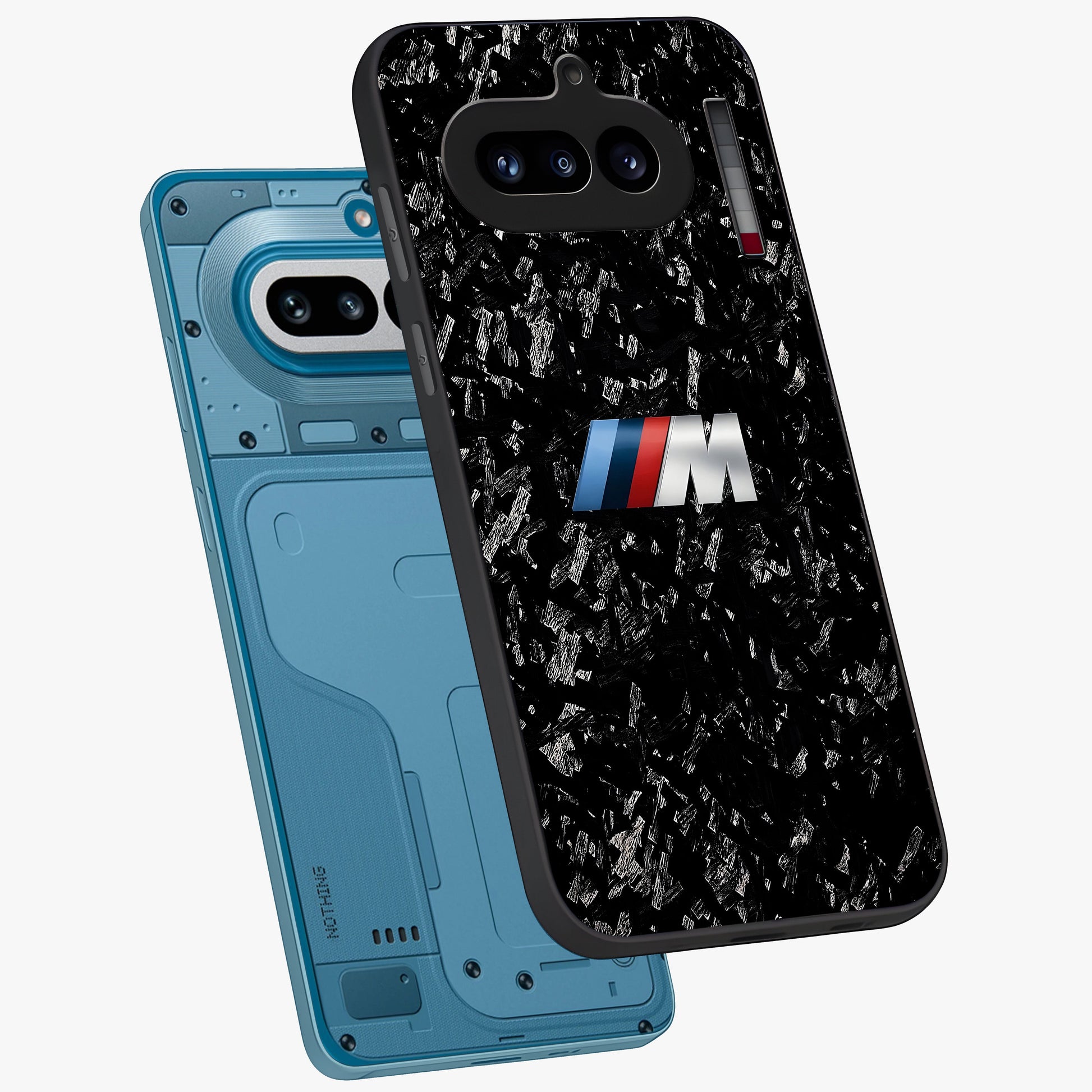 Carbon Speed Mark Glass Case displayed in angled mockup highlighting racing inspired carbon design and sleek aesthetic style.