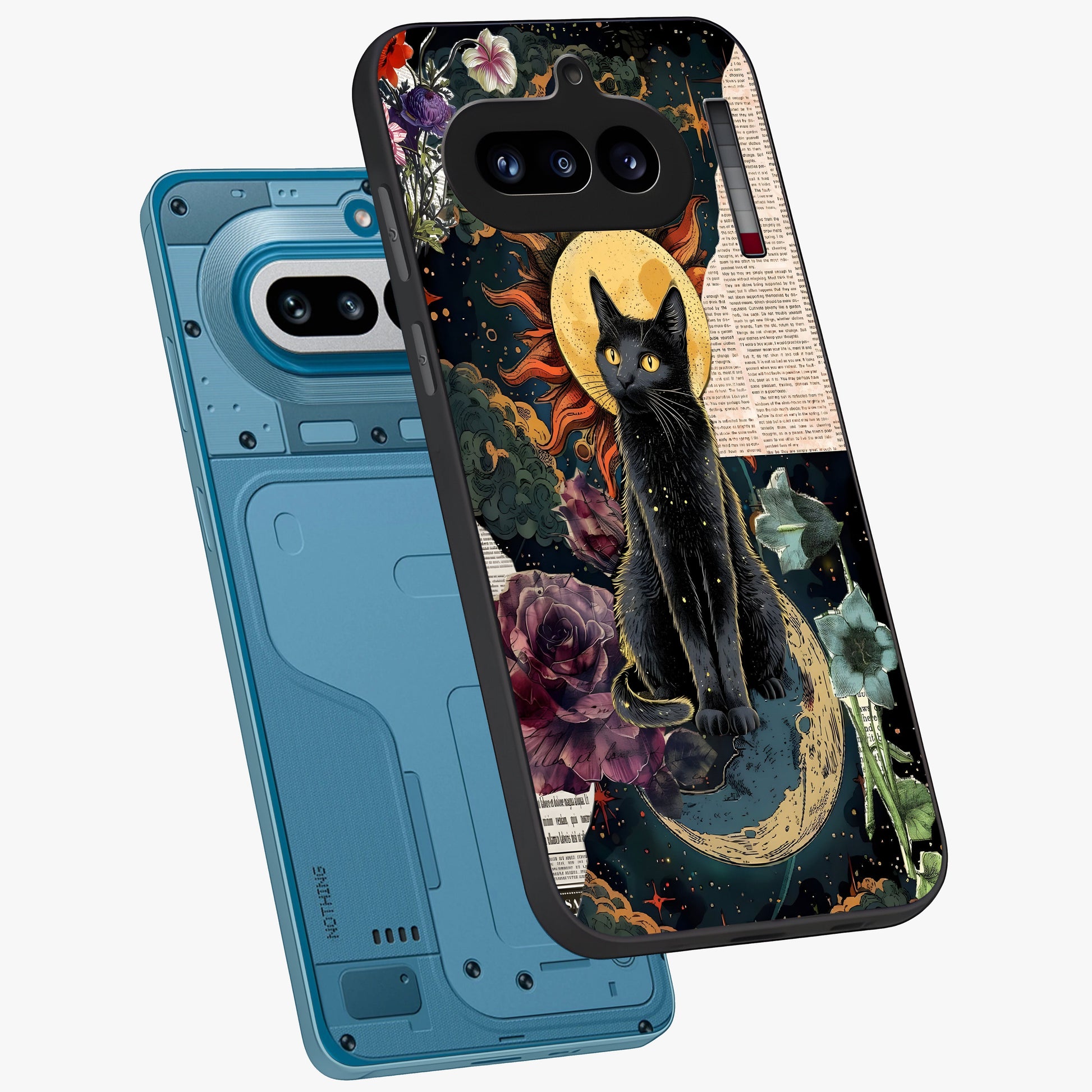 Celestial Black Cat Glass Case displayed in angled mockup highlighting cosmic black cat design with celestial aesthetic.