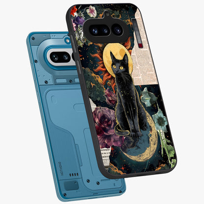 Celestial Black Cat Glass Case displayed in angled mockup highlighting cosmic black cat design with celestial aesthetic.