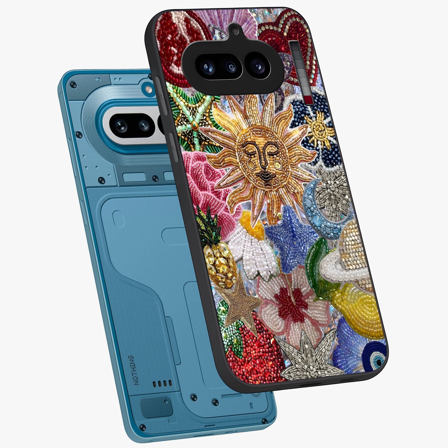 Celestial Floral and Playful Glass Case displayed in angled mockup highlighting playful floral design with dreamy celestial elements.