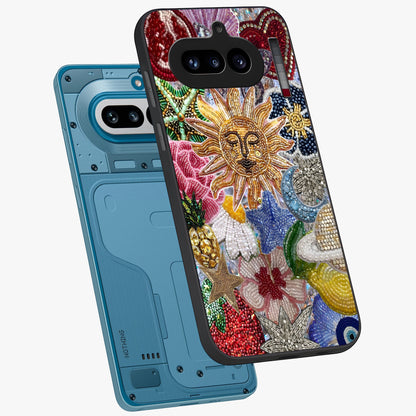 Celestial Floral and Playful Glass Case displayed in angled mockup highlighting playful floral design with dreamy celestial elements.