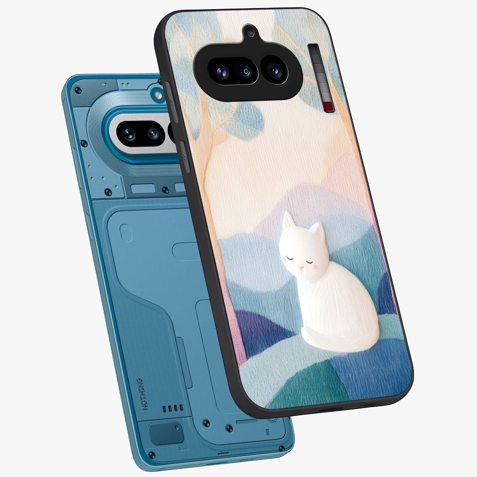 Cotton Dream Cat Glass Case displayed in angled mockup highlighting cute feline illustration with pastel aesthetic style.