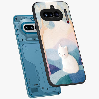 Cotton Dream Cat Glass Case displayed in angled mockup highlighting cute feline illustration with pastel aesthetic style.