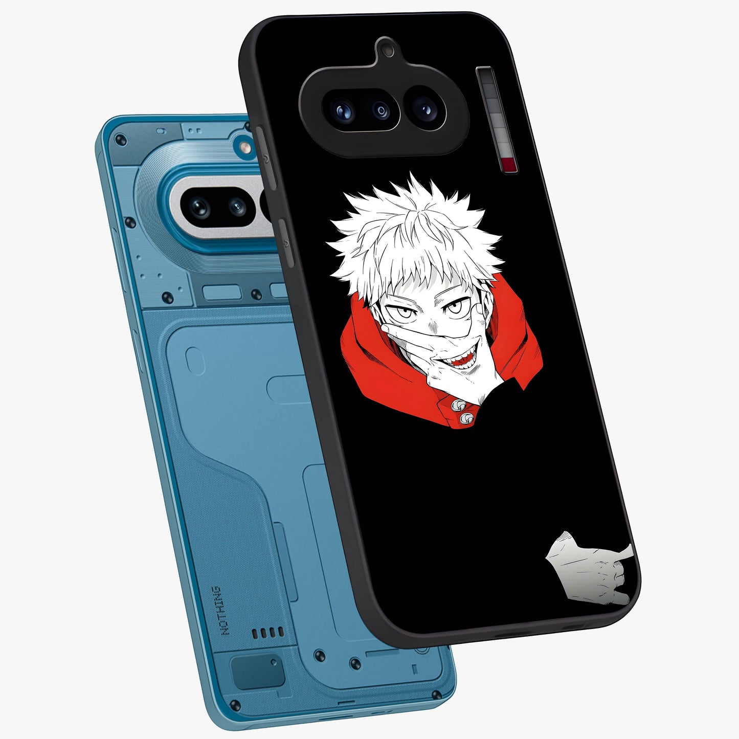 Crimson Chaos Smile Glass Case displayed in angled mockup highlighting edgy crimson smile design with graphic aesthetic.