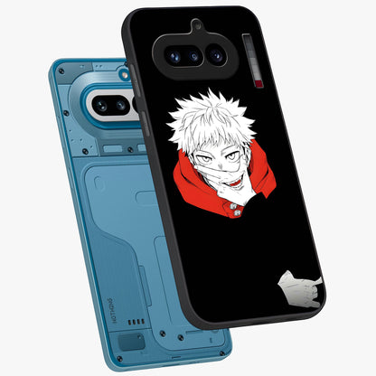 Crimson Chaos Smile Glass Case displayed in angled mockup highlighting edgy crimson smile design with graphic aesthetic.