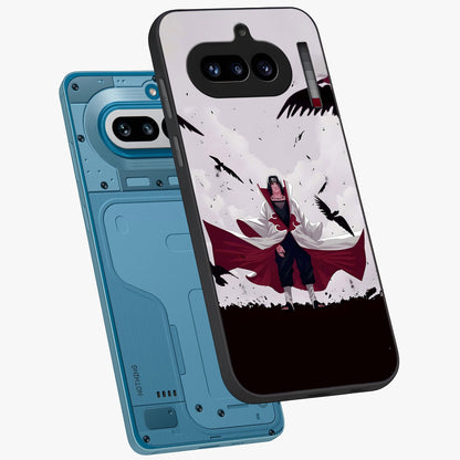 Crimson Crow Ascension Glass Case displayed in angled mockup highlighting powerful crow illustration with dark crimson aesthetic.