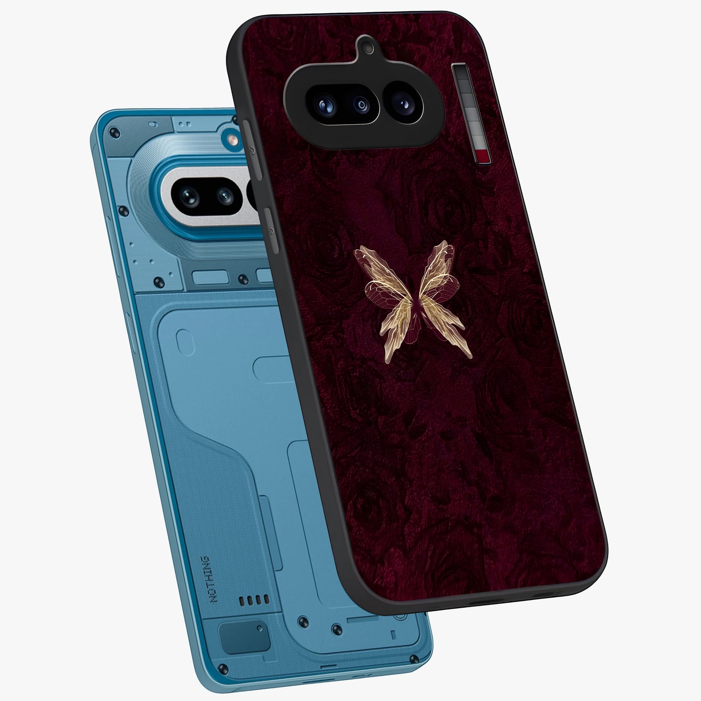 Crimson Fade Butterfly Glass Case displayed in angled mockup highlighting elegant butterfly design with crimson gradient aesthetic.