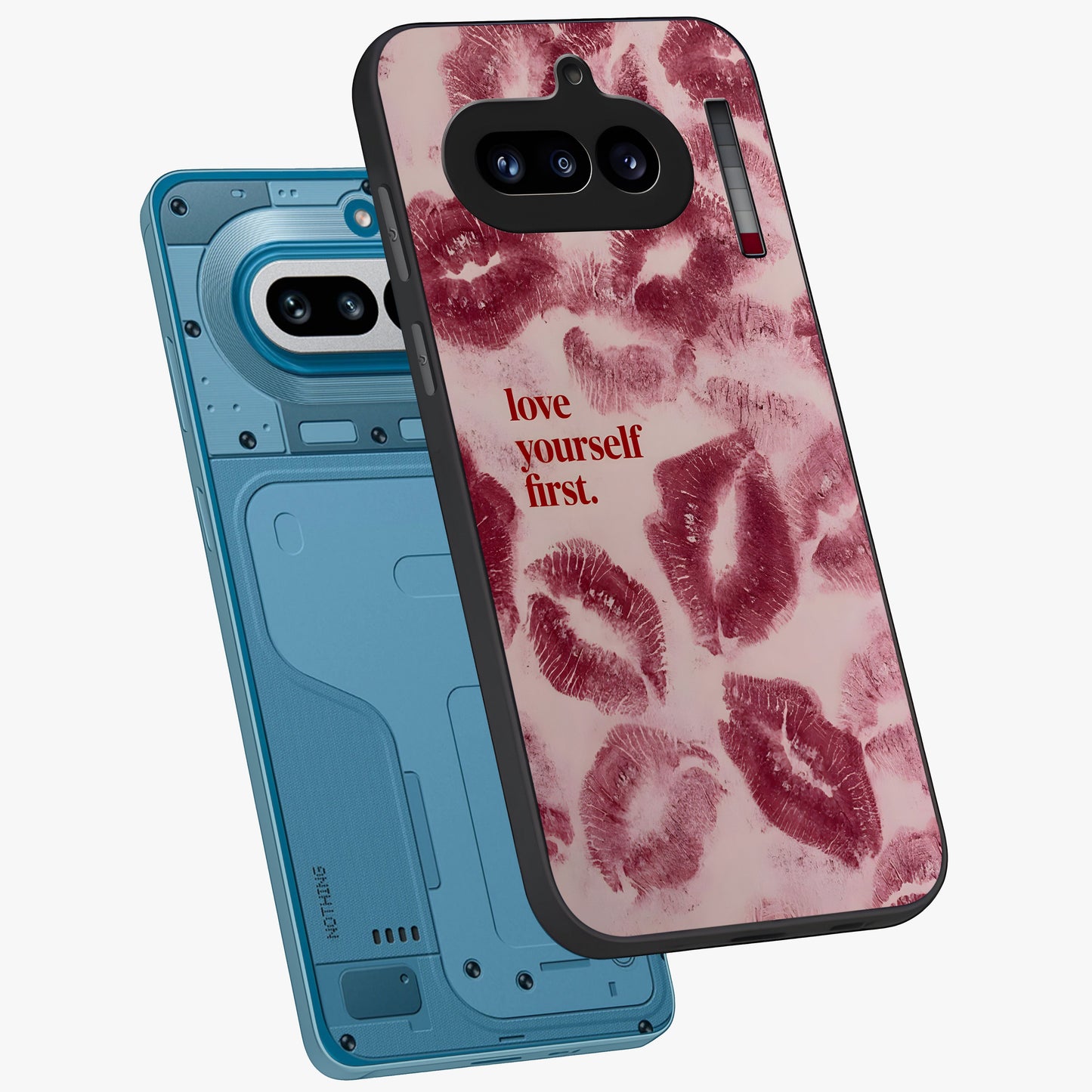 Crimson Kiss Love Glass Case displayed in angled mockup highlighting bold love inspired design with modern aesthetic style.