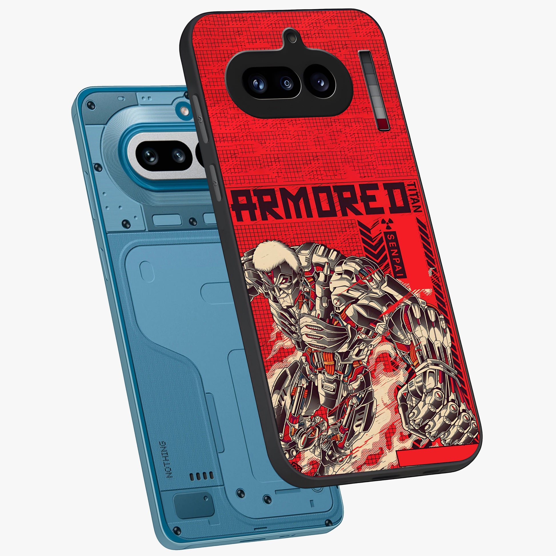 Crimson Mecha Titan Glass Case displayed in angled mockup highlighting futuristic mech illustration with bold crimson aesthetic.