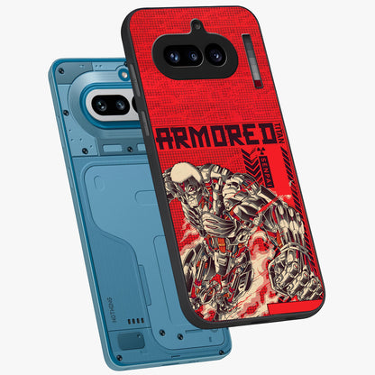 Crimson Mecha Titan Glass Case displayed in angled mockup highlighting futuristic mech illustration with bold crimson aesthetic.