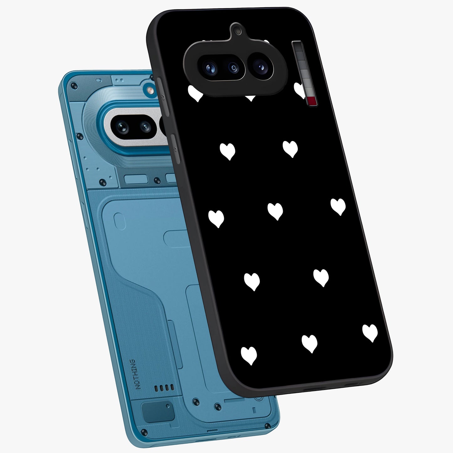 Cute And Simple White Hearts Glass Case displayed in angled mockup highlighting cute heart design with clean aesthetic style.
