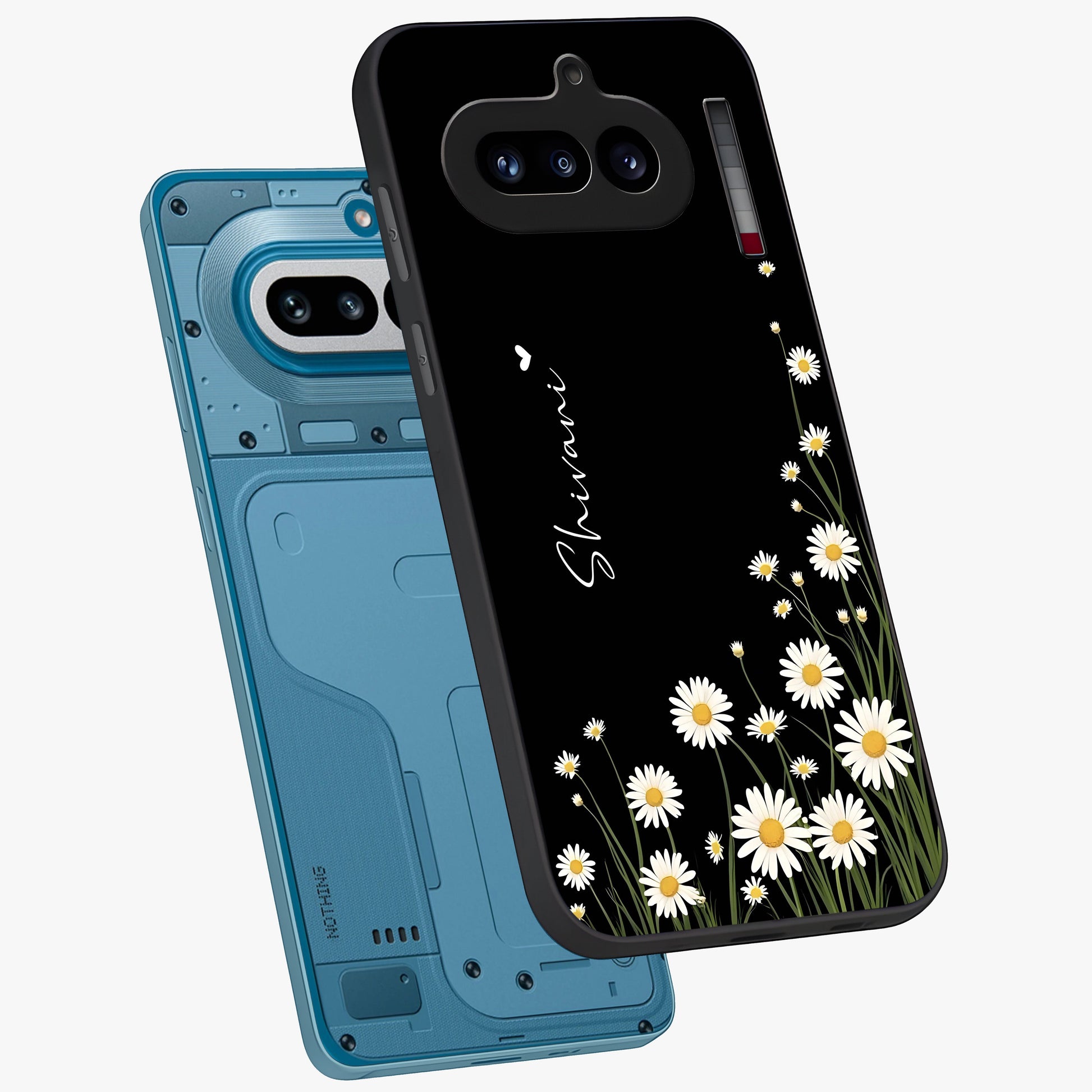Daisy Cascade Custom Name Glass Case displayed in angled mockup highlighting delicate daisy artwork with custom name feature.