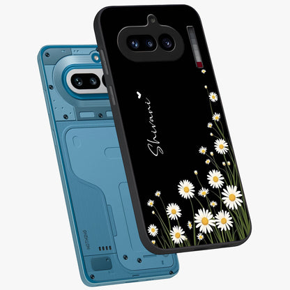 Daisy Cascade Custom Name Glass Case displayed in angled mockup highlighting delicate daisy artwork with custom name feature.