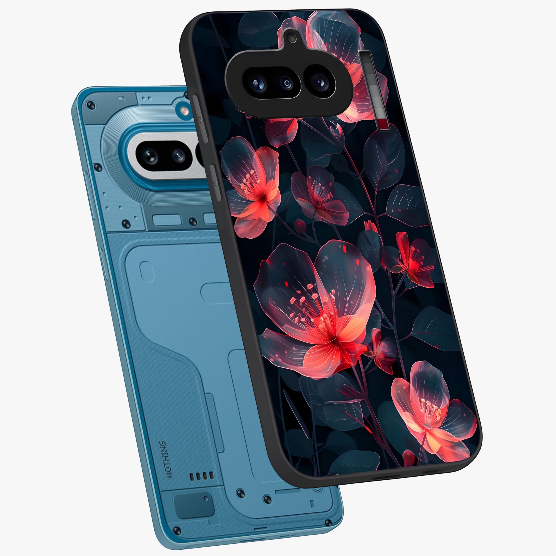 Dark Shade of Flower Glass Case displayed in angled mockup highlighting moody floral illustration with aesthetic dark tones.
