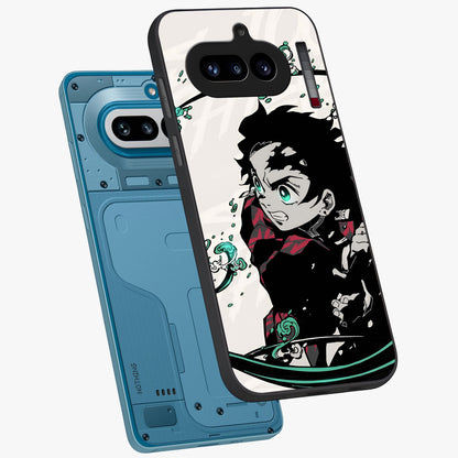 Demon Slayer Glass Case displayed in angled mockup highlighting dramatic anime character design with action aesthetic.
