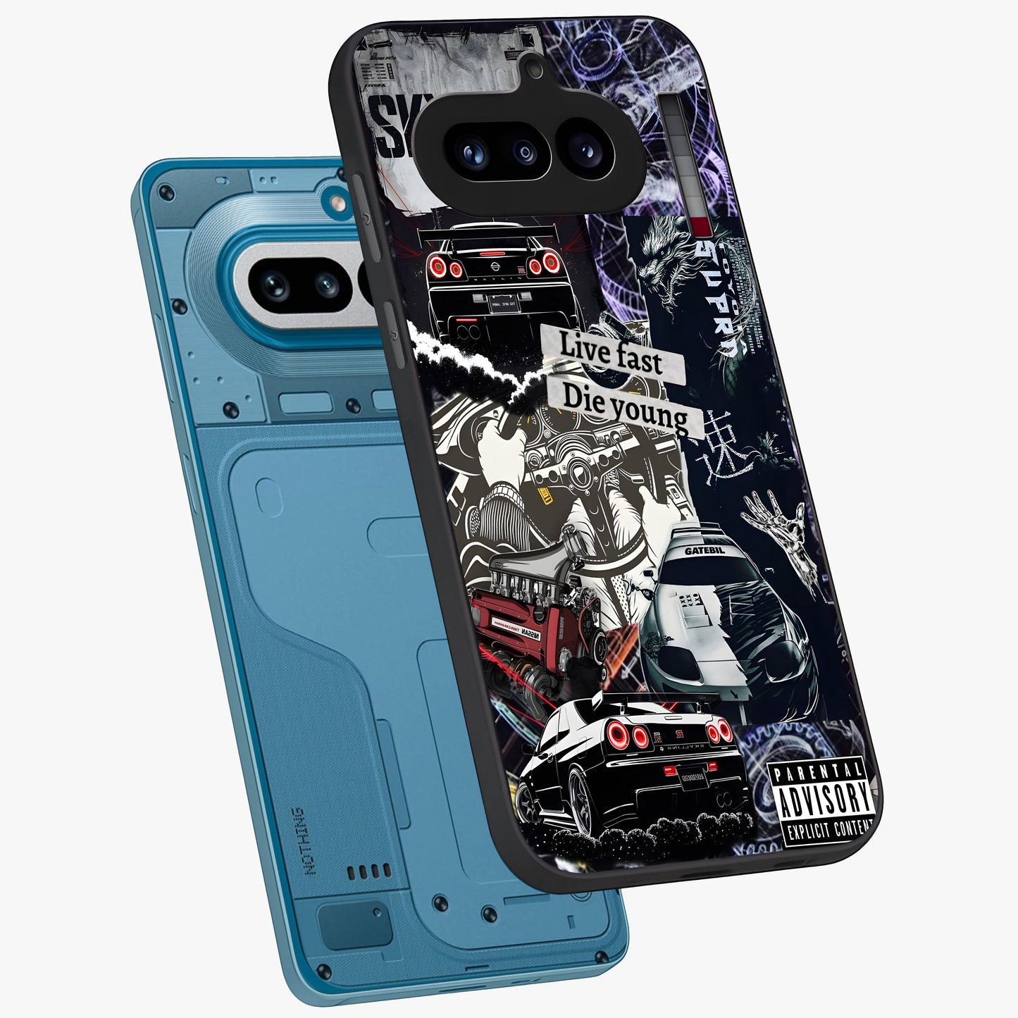 Die Young Glass Case displayed in angled mockup highlighting expressive graphic artwork with edgy aesthetic style.
