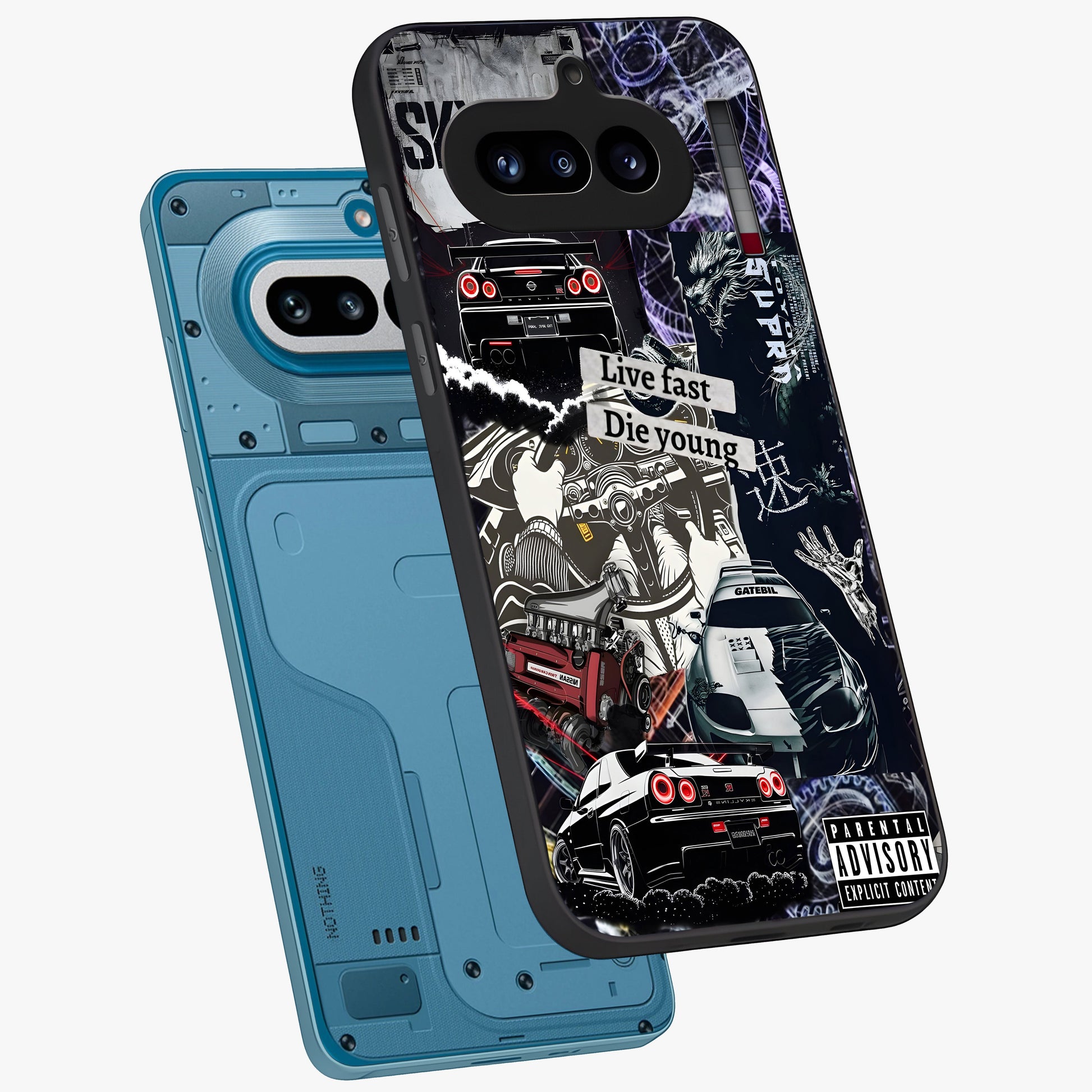 Die Young Glass Case displayed in angled mockup highlighting expressive graphic artwork with edgy aesthetic style.