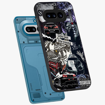 Die Young Glass Case displayed in angled mockup highlighting expressive graphic artwork with edgy aesthetic style.