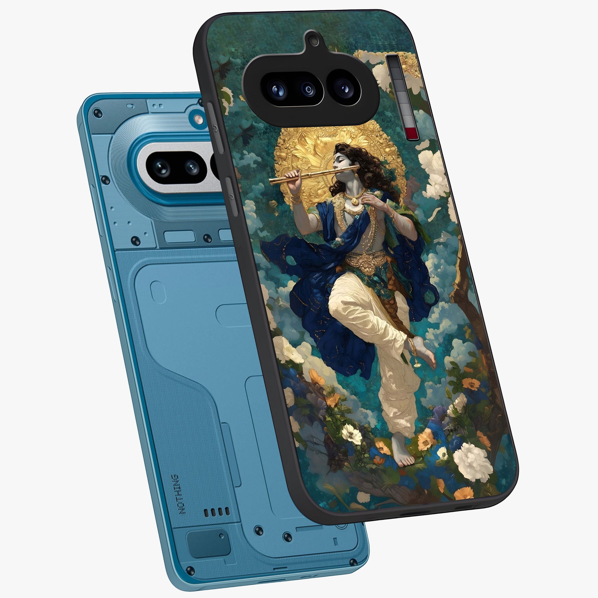 Divine Krishna Art Glass Case displayed in angled mockup highlighting spiritual Krishna illustration with devotional aesthetic.