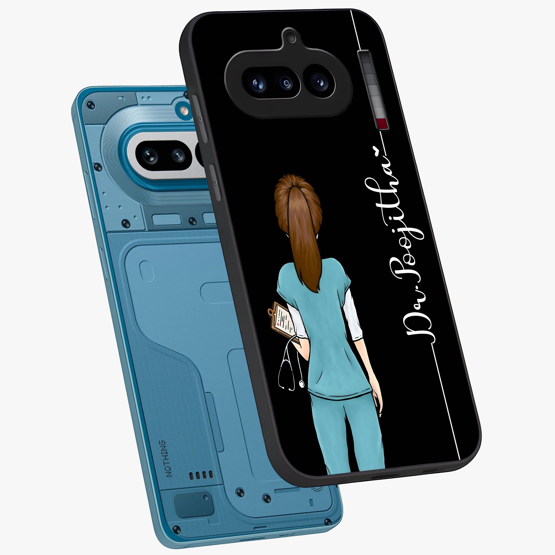 Doctor Pattern Custom Name Glass Case displayed in angled mockup highlighting doctor inspired artwork with custom name feature.