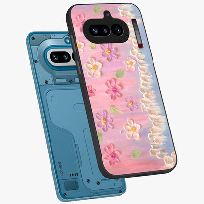 Dreamy Painted Garden Glass Case displayed in angled mockup highlighting colorful garden illustration with dreamy aesthetic style.
