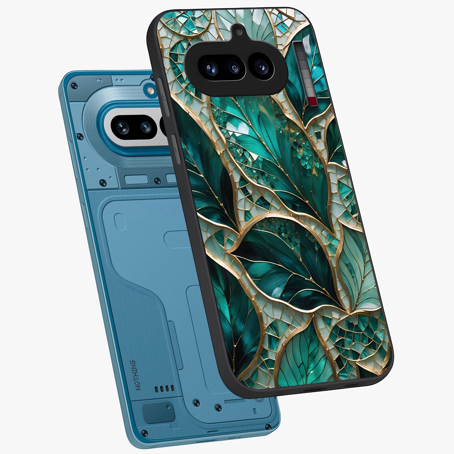Emerald Leaf Glass Glass Case displayed in angled mockup highlighting botanical leaf illustration with elegant natural aesthetic.