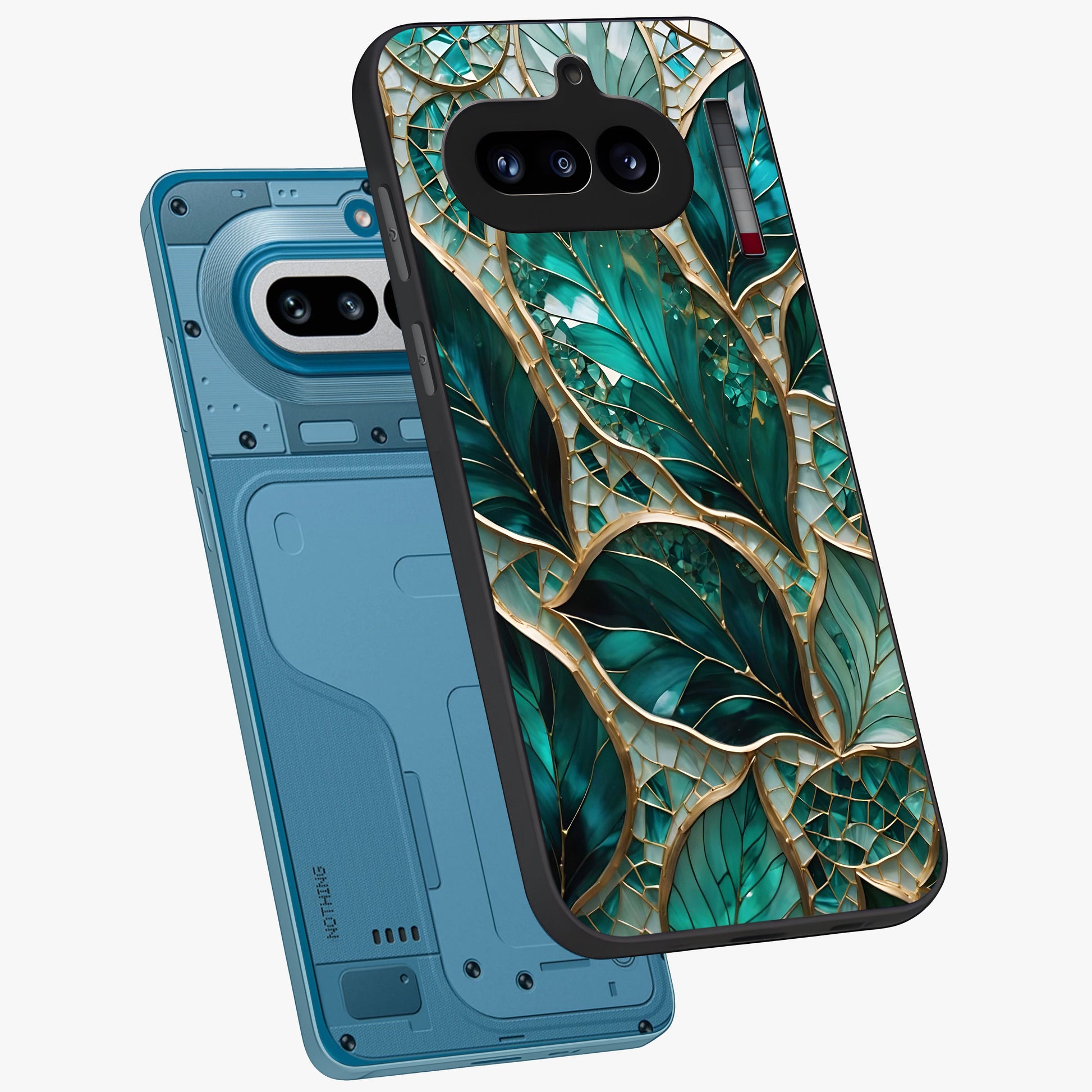 Emerald Leaf Glass Glass Case displayed in angled mockup highlighting botanical leaf illustration with elegant natural aesthetic.