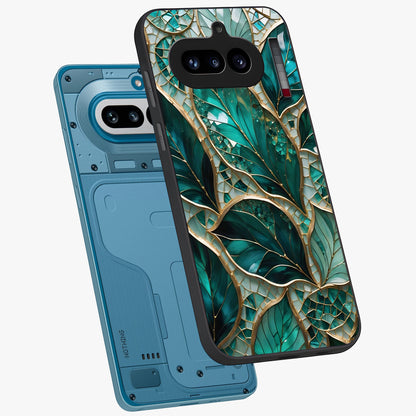Emerald Leaf Glass Glass Case displayed in angled mockup highlighting botanical leaf illustration with elegant natural aesthetic.