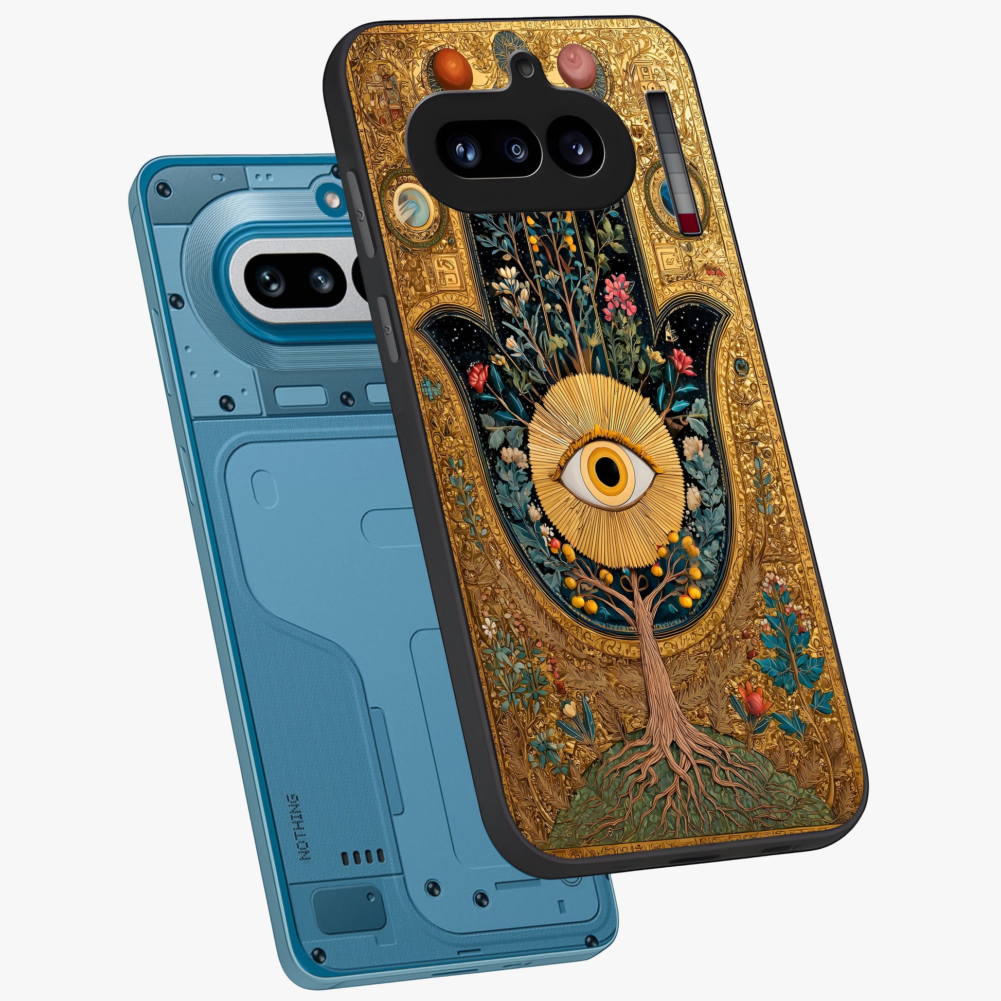 Ethereal Evil Eye Glass Case displayed in angled mockup highlighting protective evil eye symbol with spiritual aesthetic design.
