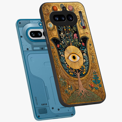 Ethereal Evil Eye Glass Case displayed in angled mockup highlighting protective evil eye symbol with spiritual aesthetic design.