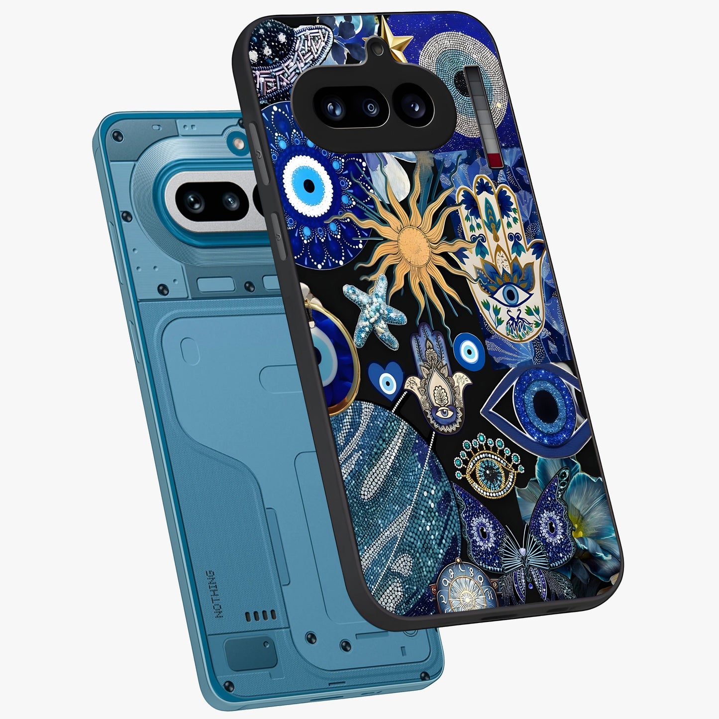 Evil Eye Charm Mix Glass Case displayed in angled mockup highlighting protective evil eye symbols with spiritual aesthetic design.
