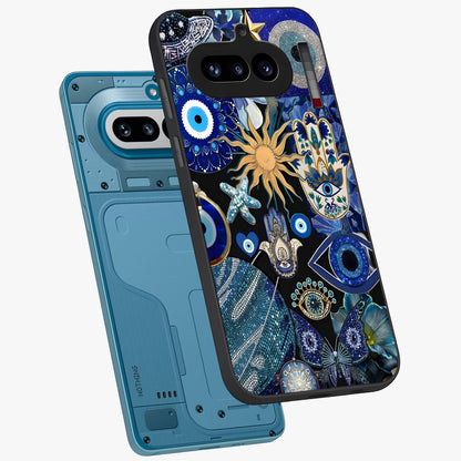 Evil Eye Charm Mix Glass Case displayed in angled mockup highlighting protective evil eye symbols with spiritual aesthetic design.