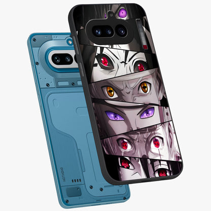 Eyes of Destiny Glass Case displayed in angled mockup highlighting bold eye illustration with mystical aesthetic style.
