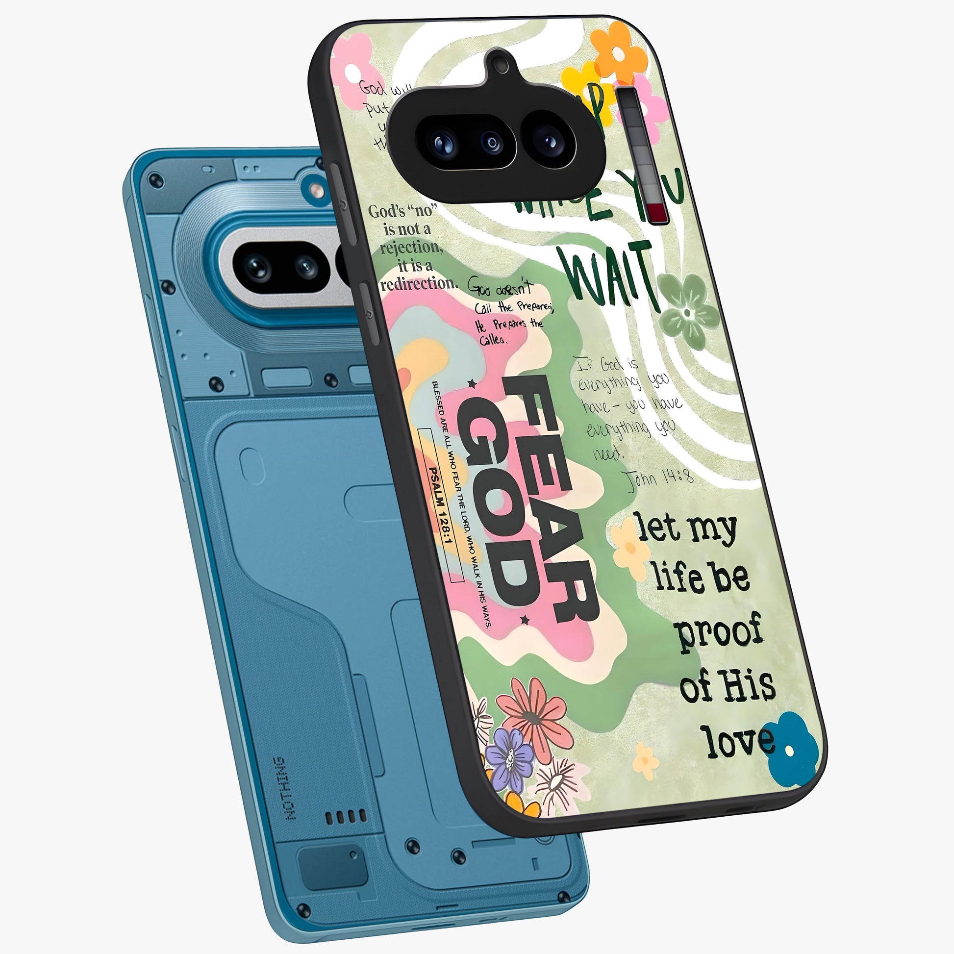 Faith Over Fear Glass Case displayed in angled mockup highlighting inspirational message design with modern aesthetic style.