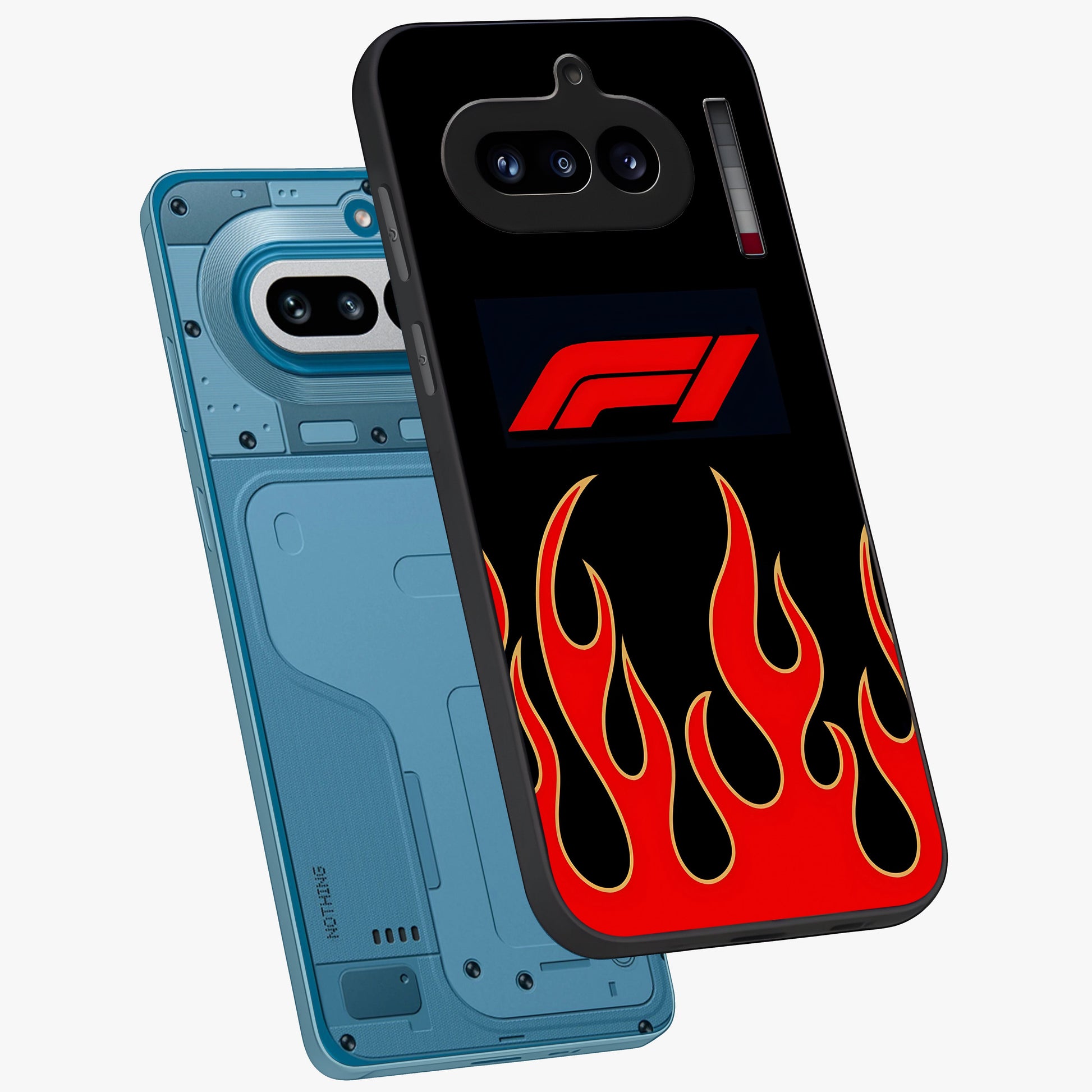 Fire F11 Glass Case displayed in angled mockup highlighting bold fire inspired graphic with energetic aesthetic style.