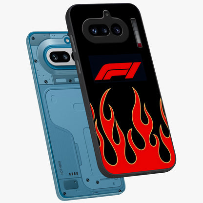 Fire F11 Glass Case displayed in angled mockup highlighting bold fire inspired graphic with energetic aesthetic style.