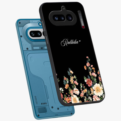 Floral Design With a Custom Personalized Name Glass Case displayed in angled mockup highlighting elegant floral pattern with custom name feature.