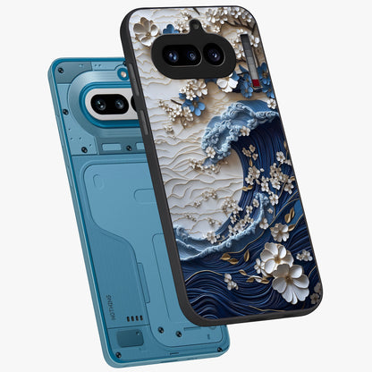 Floral Wave Origami Glass Case displayed in angled mockup highlighting geometric origami flower design with modern aesthetic style.