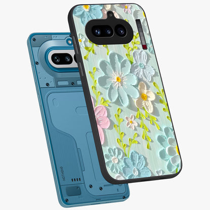 Frosted Petal Garden Glass Case displayed in angled mockup highlighting delicate flower petal design with calm garden aesthetic.